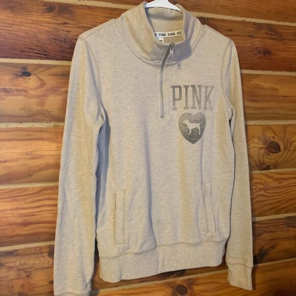 Victoria's Secret PINK Half Zip Heather Beige Tan Pullover Sweatshirt Sm… - Picture 12 of 12